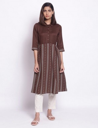 W latest printed casual wear brown kurti in cotton