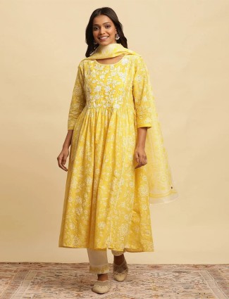 W light yellow cotton printed kurti set