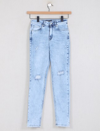 Washed and ripped sky blue denim causal jeans for women