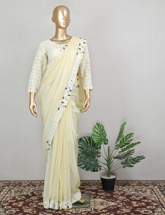 Wedding ceremonies cream tissue silk sari with ready made blouse