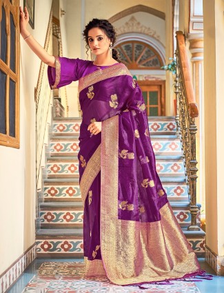 Wedding ceremonies purple fantastic tissue silk saree