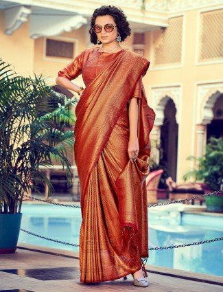 Wedding occasions attractive rust brown designer kanjivaram silk saree