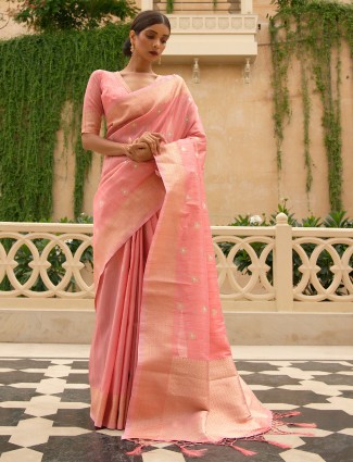 Wedding occasions designer light pink linen saree