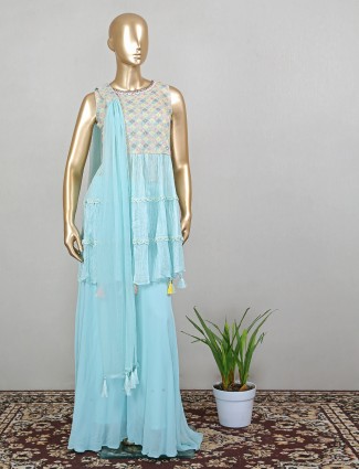 Wedding occasions punjabi style turquoise green georgette palazzo suit