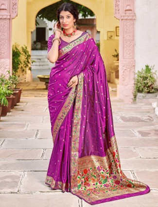 Wedding occasions purple color beautiful banarasi silk saree