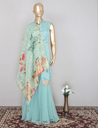 Wedding occasions teal green punjabi style palazzo suit in cotton silk