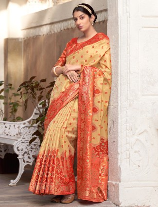 Wedding occasions yellow and red color beautiful patola silk saree