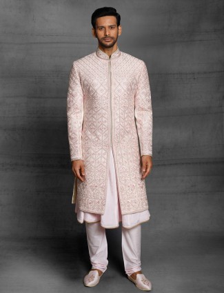 Wedding wear attractive silk sherwani in peach color