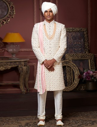 Wedding wear beige color sherwani in cotton silk