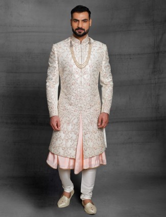 Wedding wear cream color raw silk dual layer sherwani