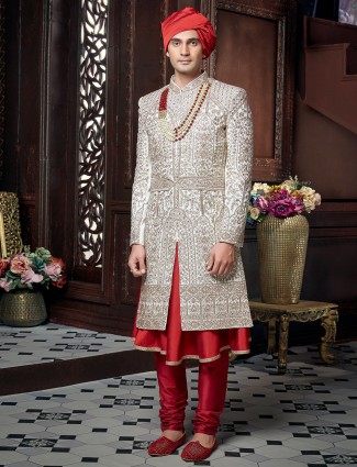 Wedding wear cream color sherwani in raw silk fabric