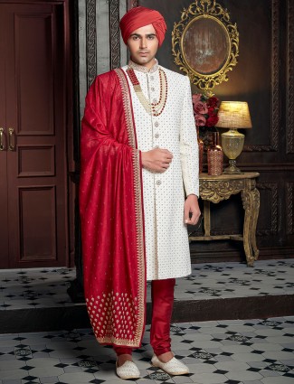 Wedding wear cream hued sherwani in designer cotton silk fabric
