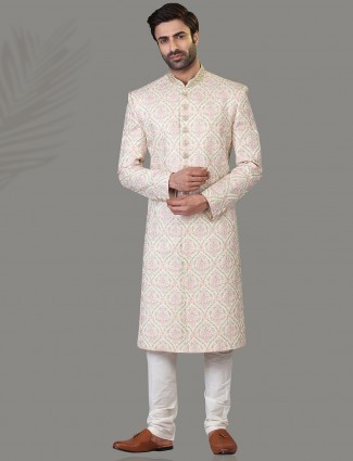 Wedding wear cream sherwani in silk fabric