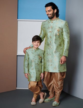 Wedding wear green raw silk father and son indo western
