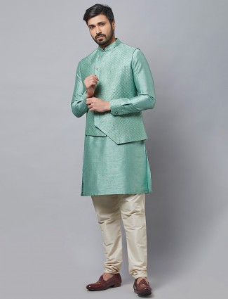 Wedding wear green waistcoat set with thread work details