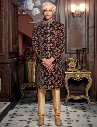 Wedding wear maroon sherwani in velvet fabric