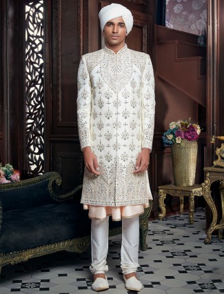 Wedding wear off white sherwani in cotton silk