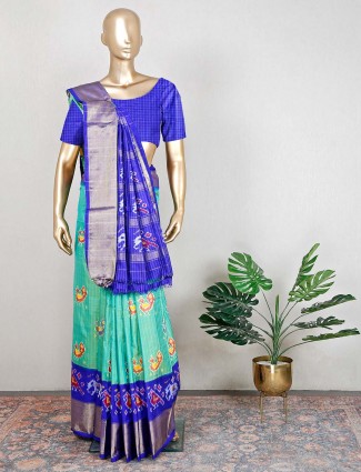 Wedding wear patola silk green and blue saree