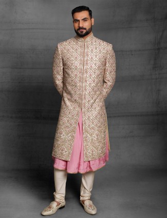 Wedding wear peach color attractive silk sherwani for mens