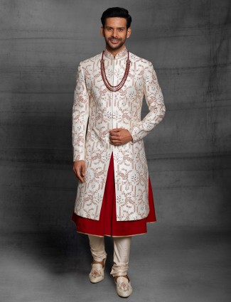 wedding wear raw silk sherwani in cream color