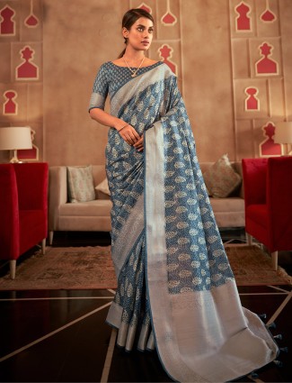 Wedding wear stone blue pashmina silk saree