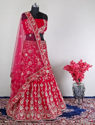 Wedding wear unstitched red velvet lehenga choli