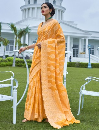 Wedding Yellow saree in georgette with thread work