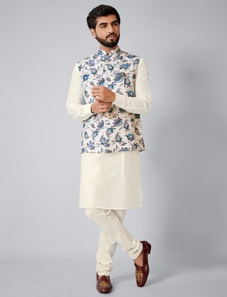 White and cream festive printed wear waistcoat suit for men
