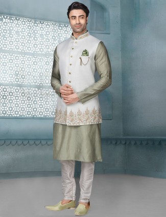 White and green raw silk mens waistcoat set