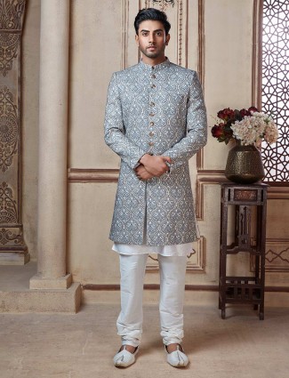 White and grey embroidered wedding sherwani suit