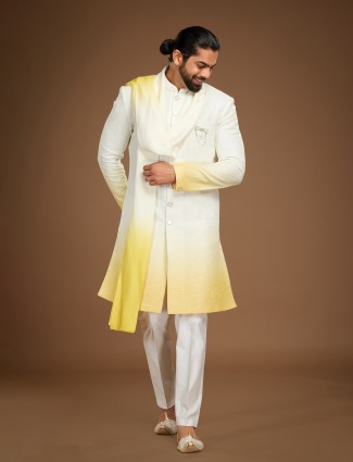 White and yellow shaded silk indowestern