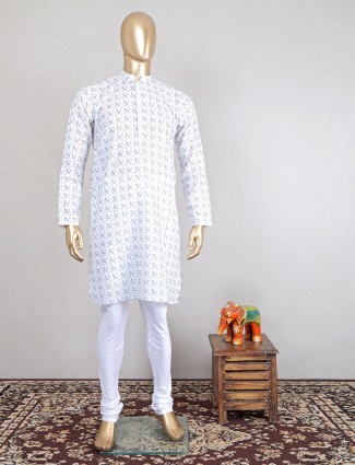 White color festive special printed cotton kurta suit
