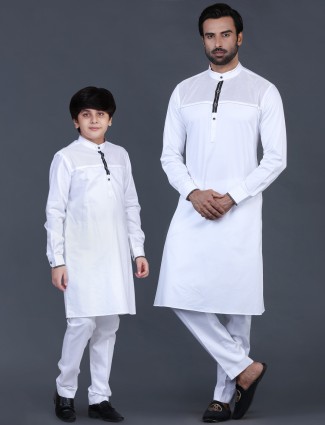 White cotton pathani suit for father and son