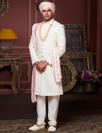 White hued cotton silk sherwani for mens