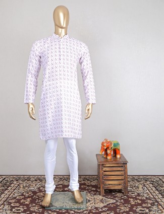 White printed cotton men kurta suit