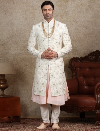 White silk fabric sherwani for wedding occasions