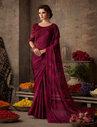Wine purple extravagant satin saree for festive look