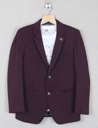 Wine purple terry rayon blazer for boys in solid style