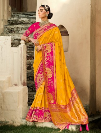 Wonderful banarasi silk saree for wedding in sunshine yellow