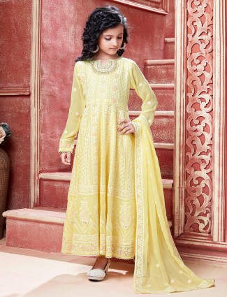 Yellow anarkali suit for little girls with thread and sequins