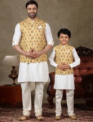 Yellow and white cotton waistcoat set for father and son