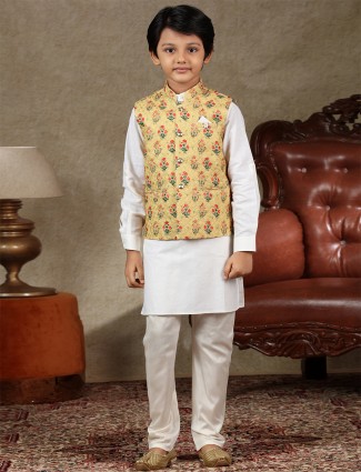 Yellow and white cotton waistcoat set for festive look