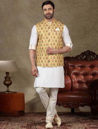 Yellow and white cotton waistcoat set for festive occasion