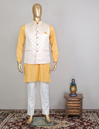 Yellow and white wedding wear waistcoat set in silk for wedding sessions