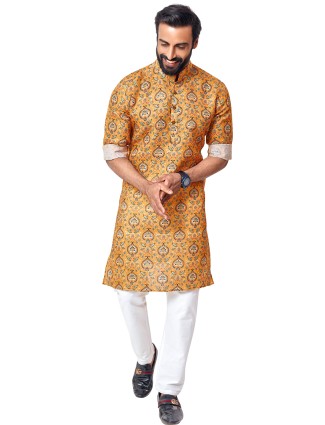 Yellow cotton festive special kurta suit for mens