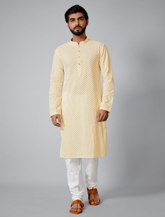 Yellow cotton festive wear chikan kurta set