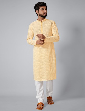Yellow cotton festive wear men kurta set
