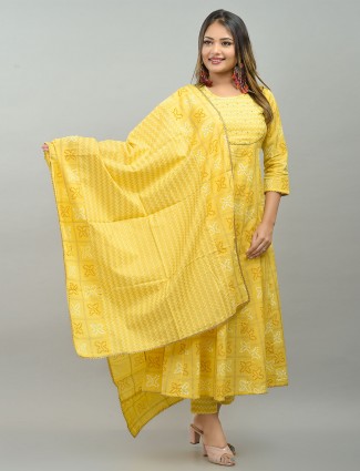 Yellow cotton festive wear punjabi anarkali style printed pant suit