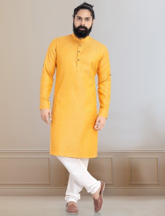 Yellow cotton kurta suit for men in solid style