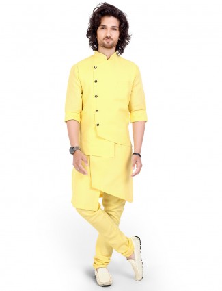 yellow cotton party function mens waistcoat set